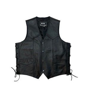 *Bonus Genuine Leather Vest Mens Size 44 Snap Closure Lace Up Sides Moto Biker